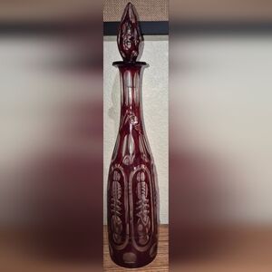 Antique cut-to-clear Ruby Red Bohemian Crystal Wine Decanter, VINTAGE